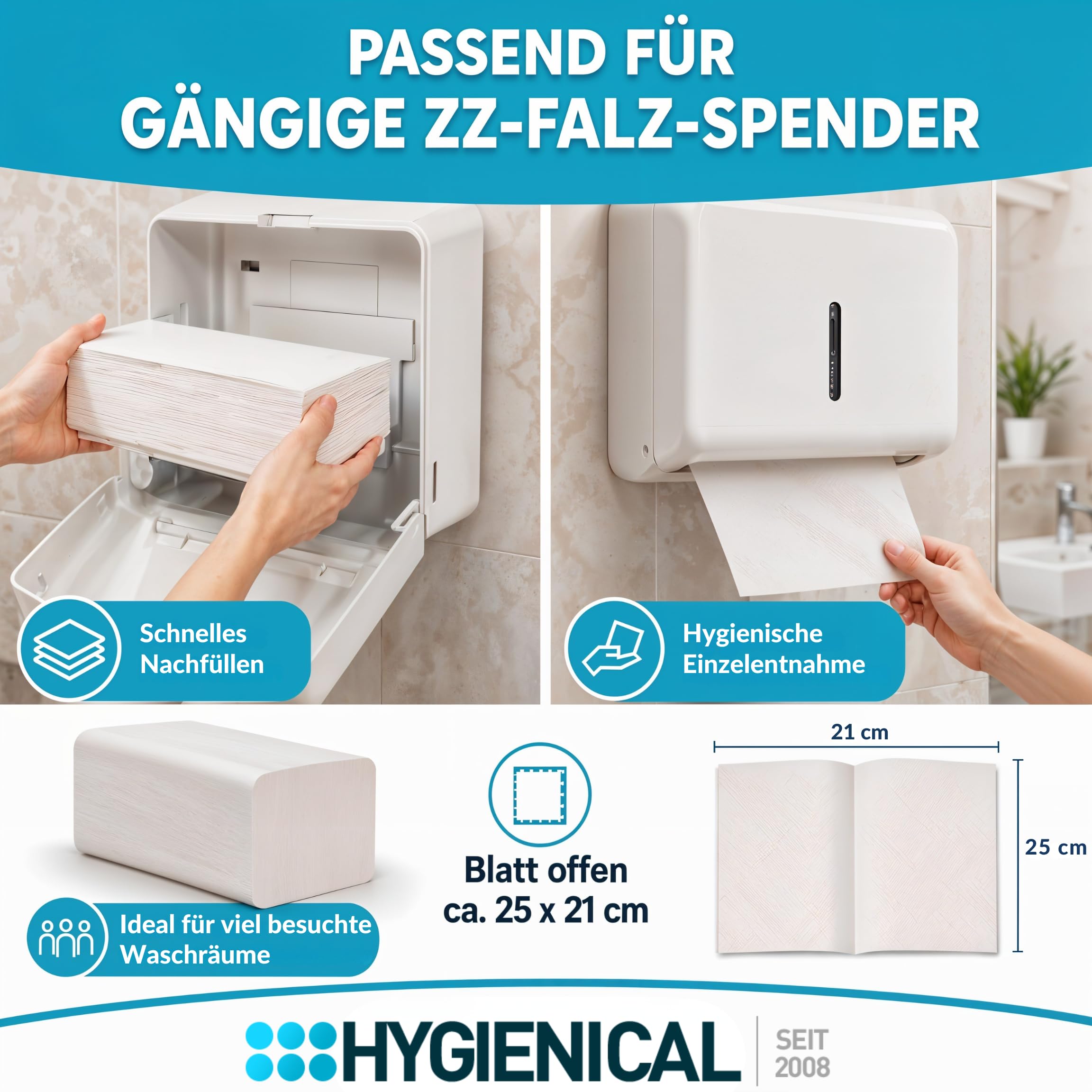 Premium-Papierhandtücher, 2-lagig, Zellstoff, 25 x 21 cm, 3.200 Blatt – Falthandtücher, Top-Handtuchpapier, Hygienischer Betriebsbedarf, Weiß, Für Büro, Gastronomie & Haushalt