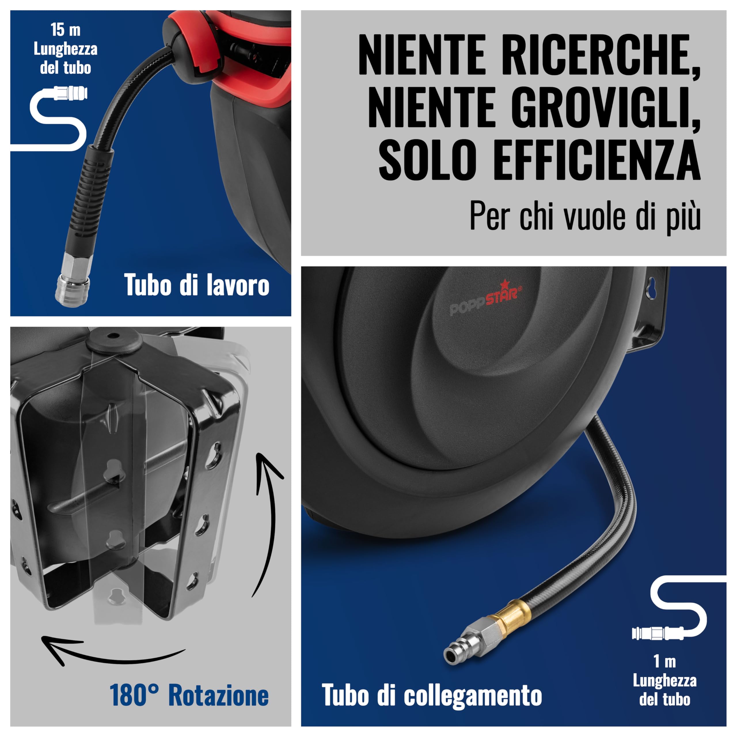 Poppstar Avvolgitubo per tubi ad aria compressa professionale (15m + 1m, diametro del tubo 3/8" (9,5 x 15 mm)), connessione 1/4" BSPT giunto rapido, con riavvolgitore automatico e auto-stop