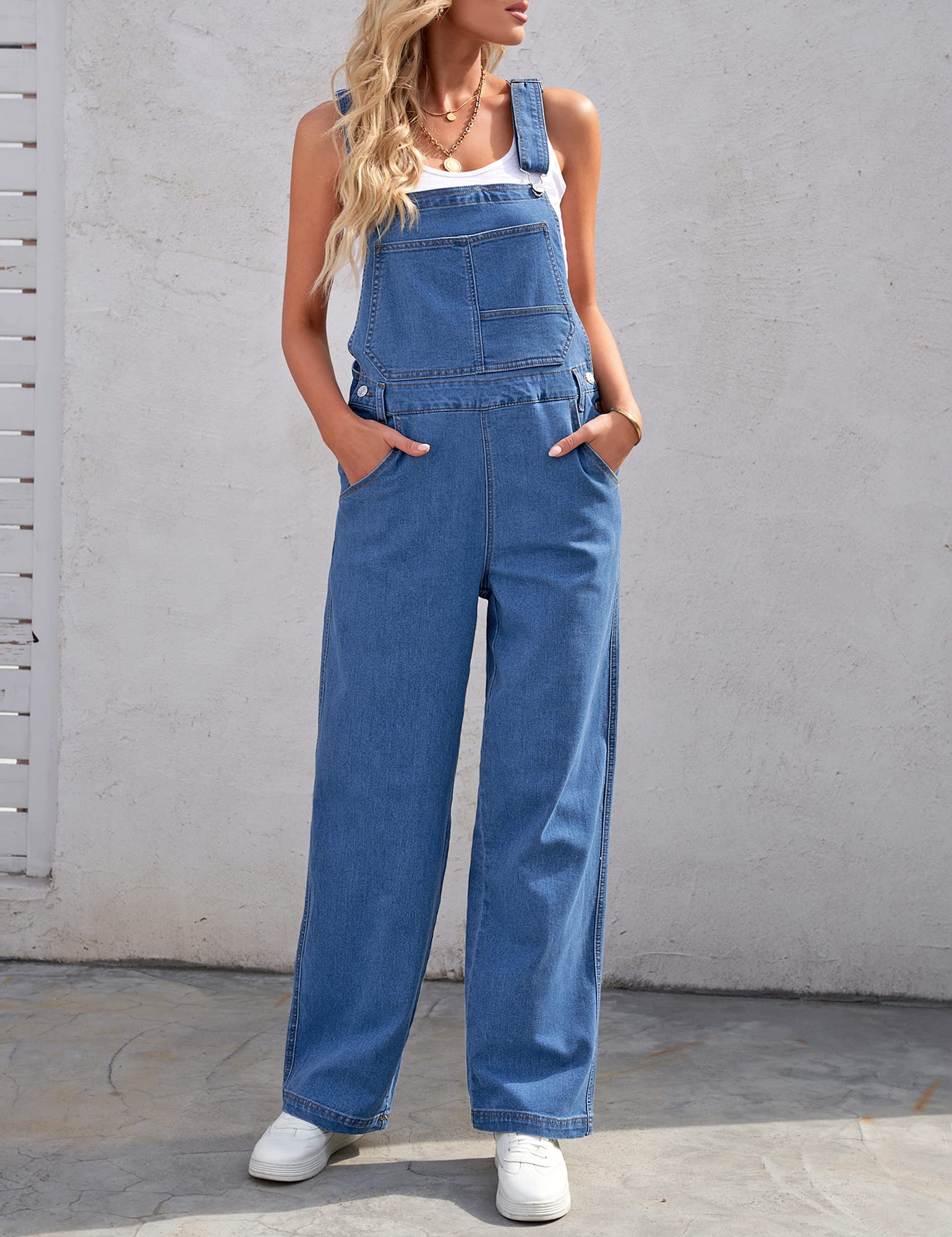 Roskiky Salopette en jean pour femme - Coupe ample - Coupe ample - Coupe droite - Jambes larges - Stretch - Mode