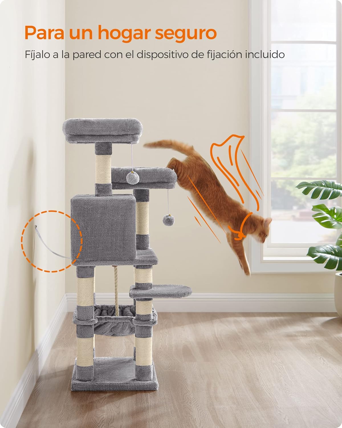 Illustration of securing the Feandrea Cat Tree to a wall for safety.