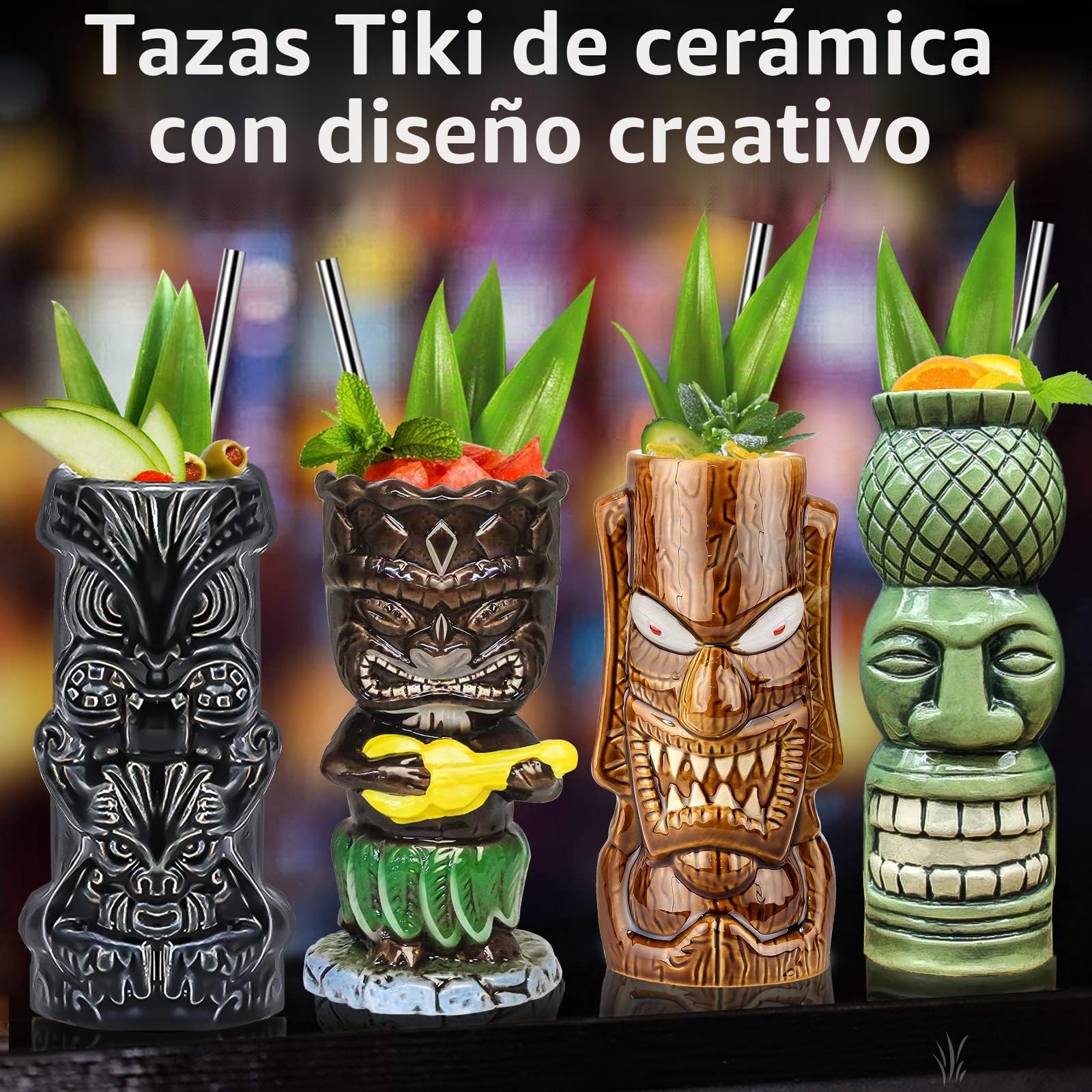 Tiki MugsJuego de 4 tazas tiki para cócteles tazas tropicales de cerámica grandes fiesta hawaiana tiki cóctel copas bebidas bar vasos tropicales