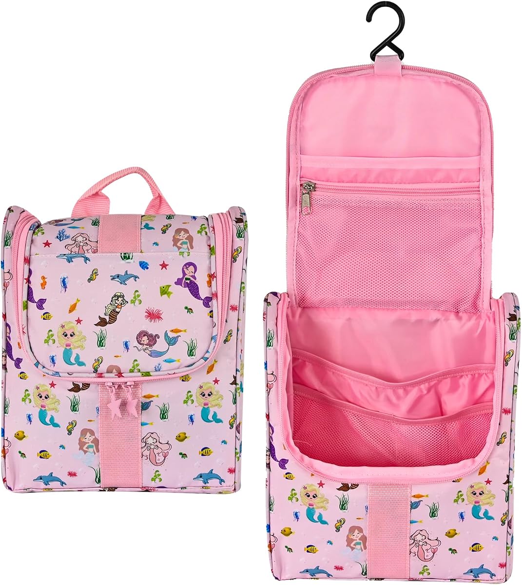 Cute Cartoon Hanging Kids Toiletry Bag Children Travel Cosmetic Makeup Organizer Wash Bag Shower bag Over Night Bag Camping Shaving Kit Bag for Boys & Girls (Mermaid Pink)