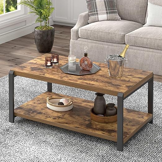 Modern Coffee Table, Rustic Wood and Metal Center Table for Living Room, Industrial Rectangle Cocktail Tea Table with Storage, Oak