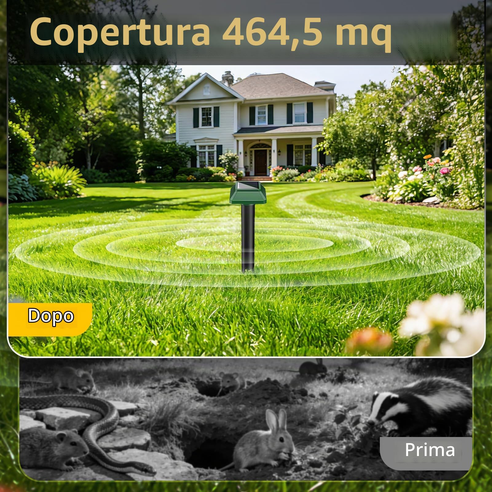 Spaventatore da Giardino, 4 pezzi Dissuasori Per Talpe da Esterno con Pannello Solare, Area Efficace di 7500 piedi quadrati e Protezione dall'Acqua, Repellente per Talpe, Ratti e Serpenti.