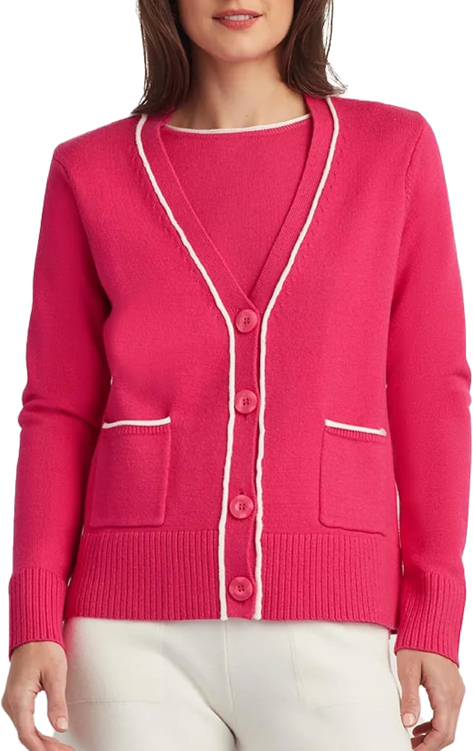 ELLEN TRACY Women's Cardigan Sweater, Demi 4-Button V-Neck Ladies Light Long Sleeve Top for Summer and Fall Large Fuchsia/Ivory (Size L )