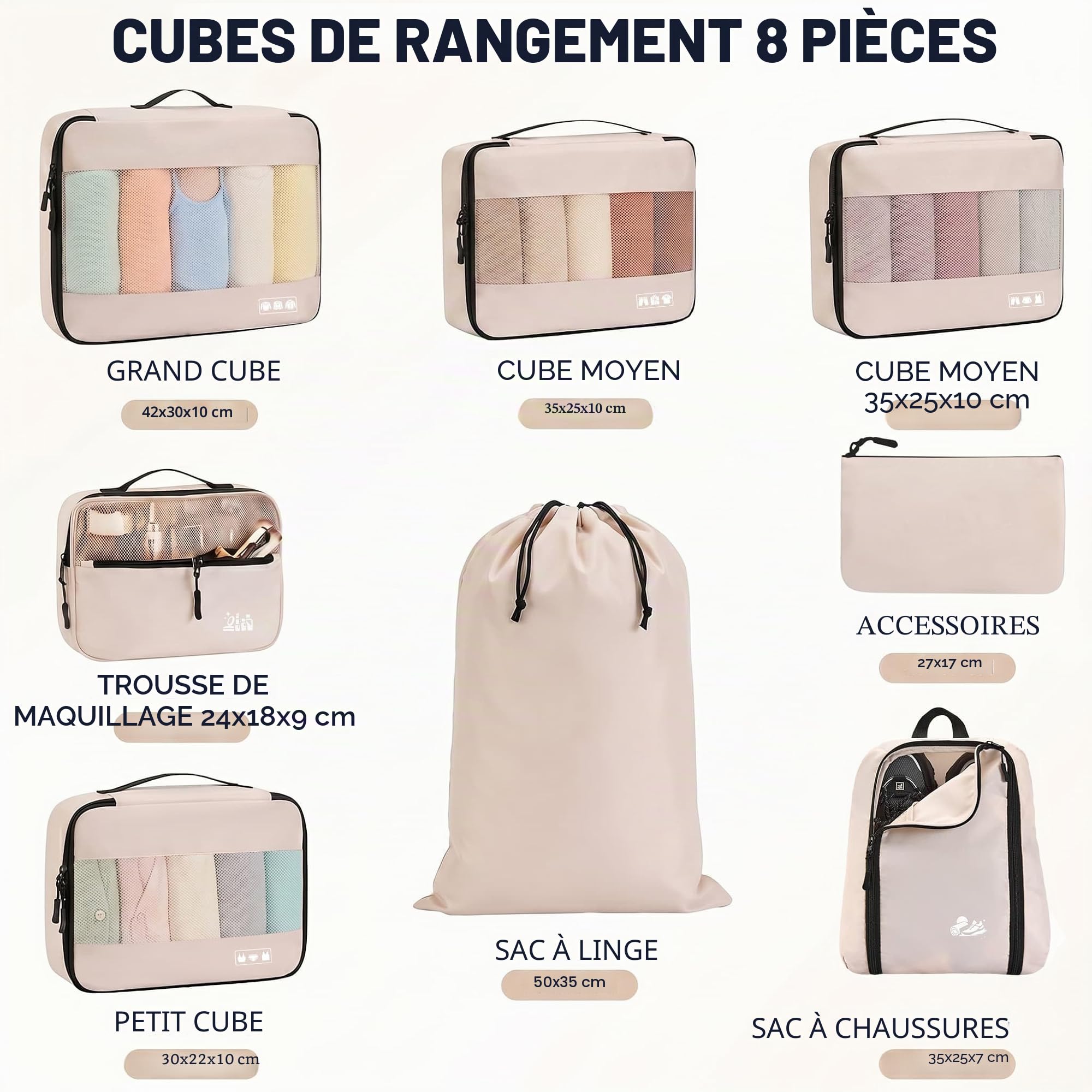 MURISE Organisateur de Valise 8 Pièces, Rangement Valise Organisateur pour les Voyages et les Vacances, Packing Cubes avec Sac à Chaussures et Sac à Cosmétiques, Voyage Accessoires, Beige