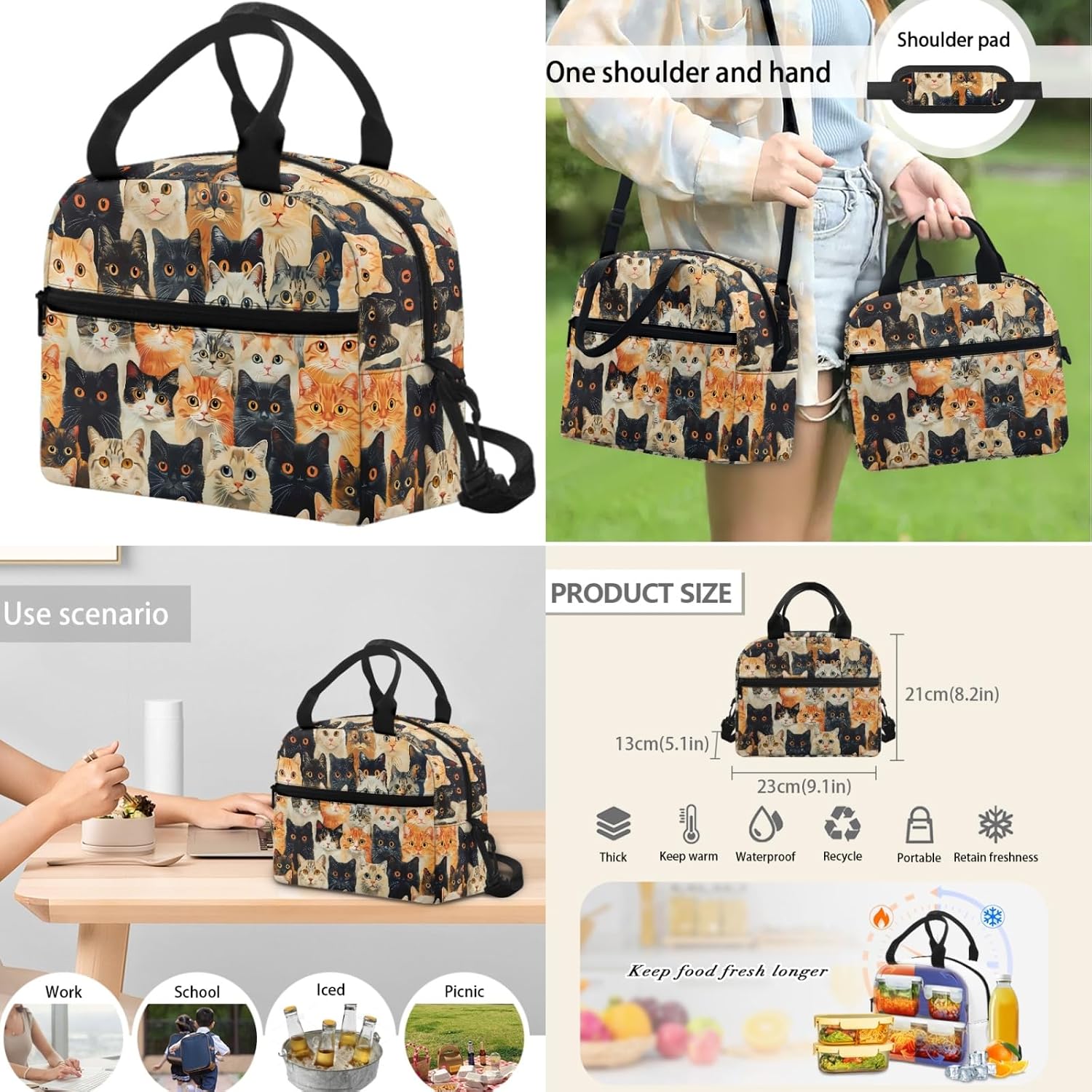 Cat Puzzle Large Capacity School Backpack Set with Insulated Lunch Portable Bag Pencil Case for Middle High School Students Bookbag Knapsack Rucksack
