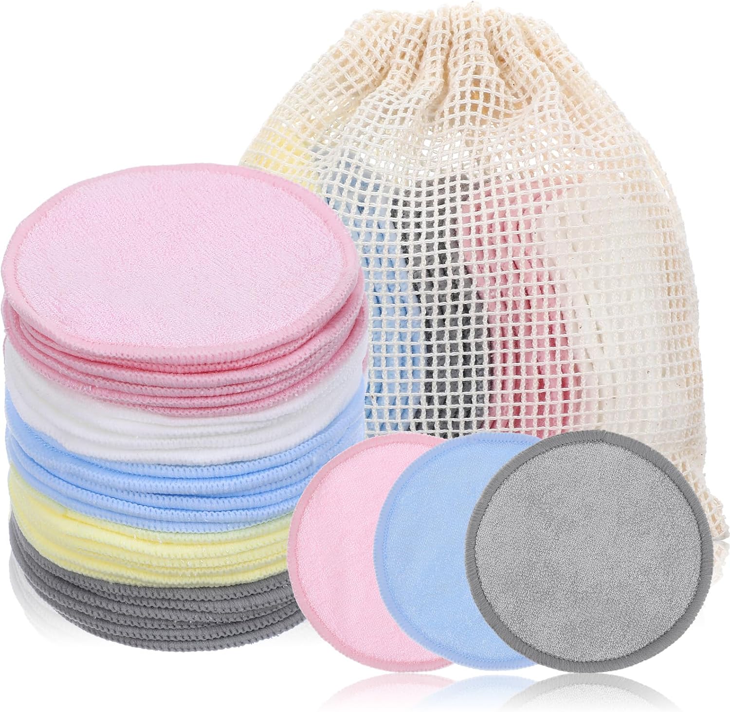 30pcs Reusable Makeup Rounds, Washable Makeup Remover Pads, Reusable Clean Pads, with Laundry Bag, Suitable for All Skin Types, for Face Cleansing and Skin Care, 5 Colors