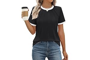 ZESICA Women's Casual Short Sleeve Pleated Shirts 2024 Summer Dressy Crewneck Color Block Tops