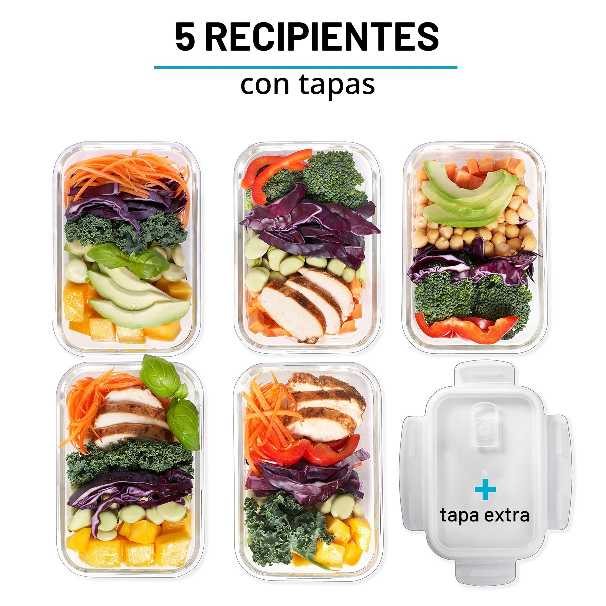 Igluu Meal Prep Recipientes de Cristal (Set de 5 y Tapa Extra) – 840ml | Rectángulo – Con Válvula de Ventilación, Sin BPA – Horno, Freidora de Aire, Microondas y Lavavajillas – Borosilicato