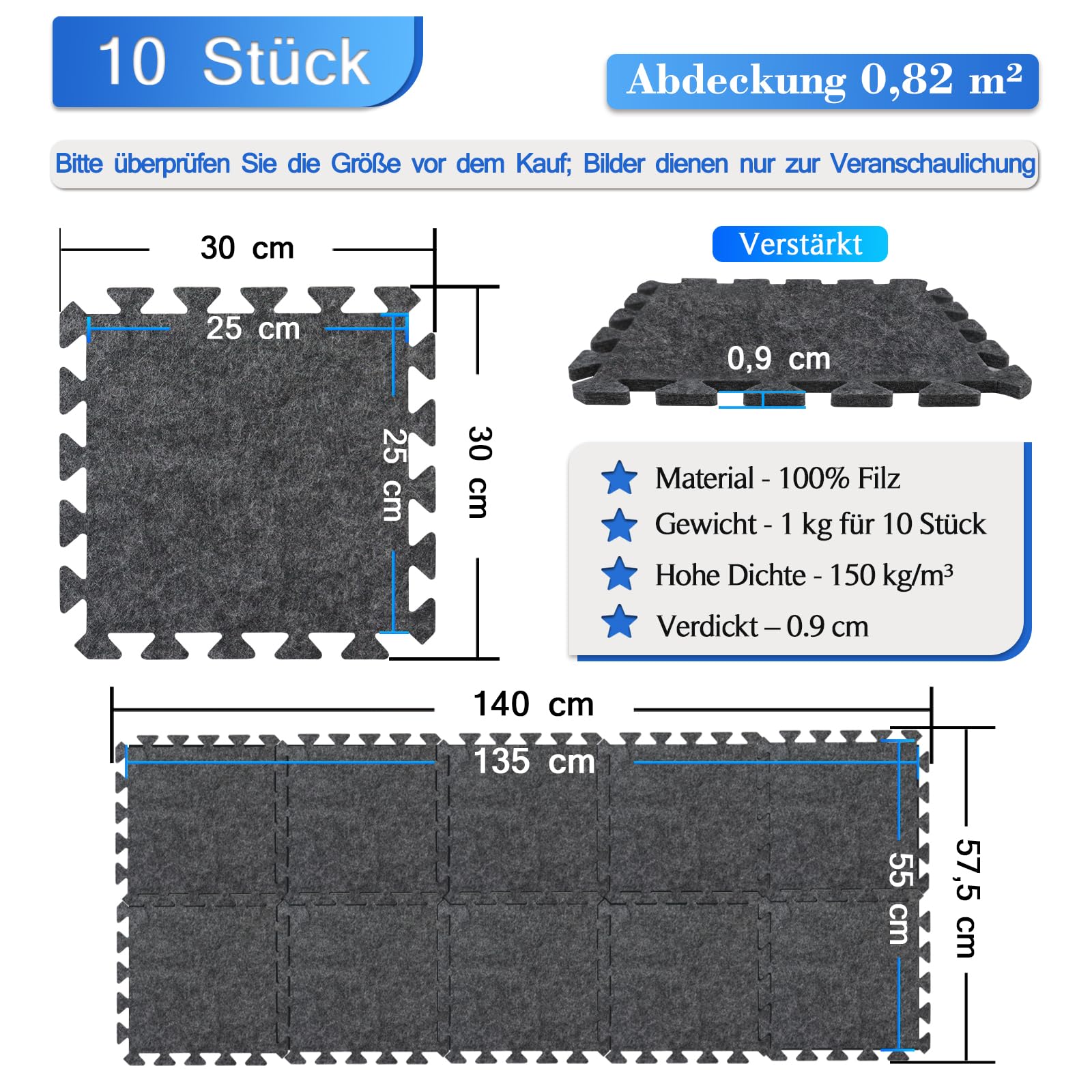 BXI Schalldämmende Puzzle-Teppichunterlage 10 Stück, 30 x 30 x 0,9 cm rutschfeste Teppichunterlagen, Hochdichte Lärmreduzierung Filz-Teppichpolsterung, Teppichunterlage zum Schutz und Polsterung