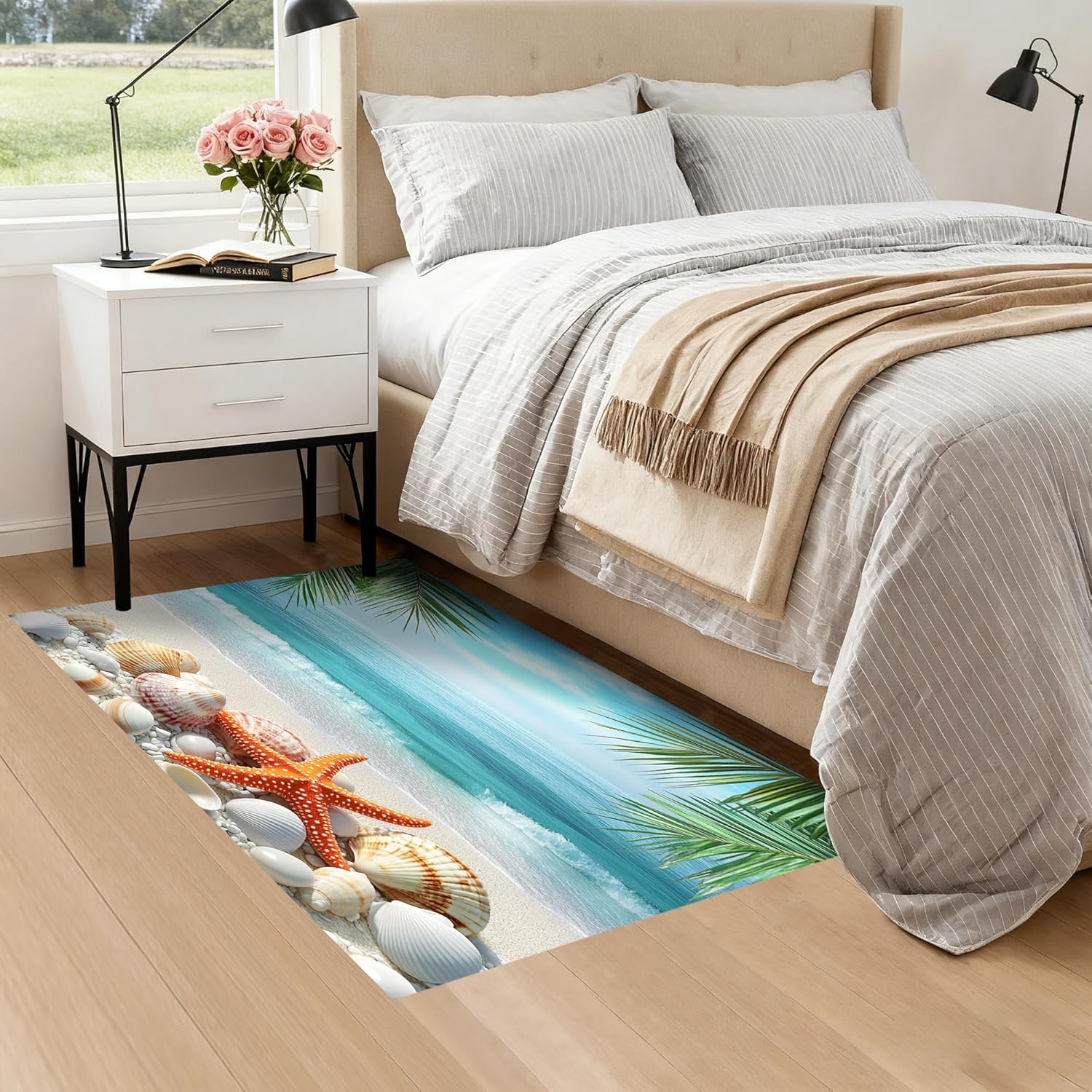 Beach Coral Seashell Area Rug 2x3 for Entryway Kitchen Bathroom Blue Sea Waves 3D Throw Rug Ocean Theme Rug Non-Slip Tropical Coastal Doormat Summer Blue Ocean Wave Floor Mat