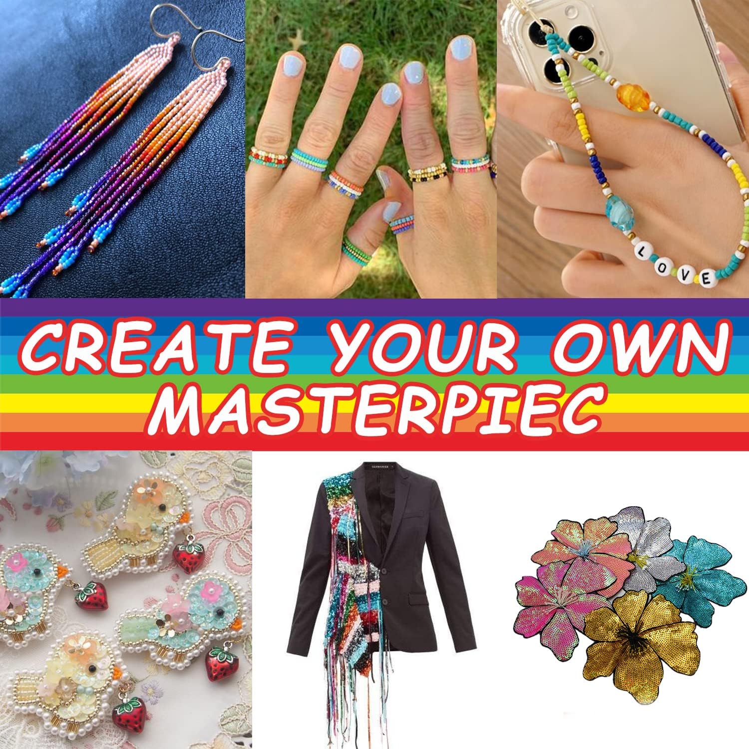 CCINEE 10322 Pcs Glass Seed Beads and Loose Sequins Kit, 4mm Small Craft Beads 6mm Tiny Spangles Kit with Bracelet String Scissors for Embroidery Applique Arts Handmade Crafts and Embellishment - Image 7