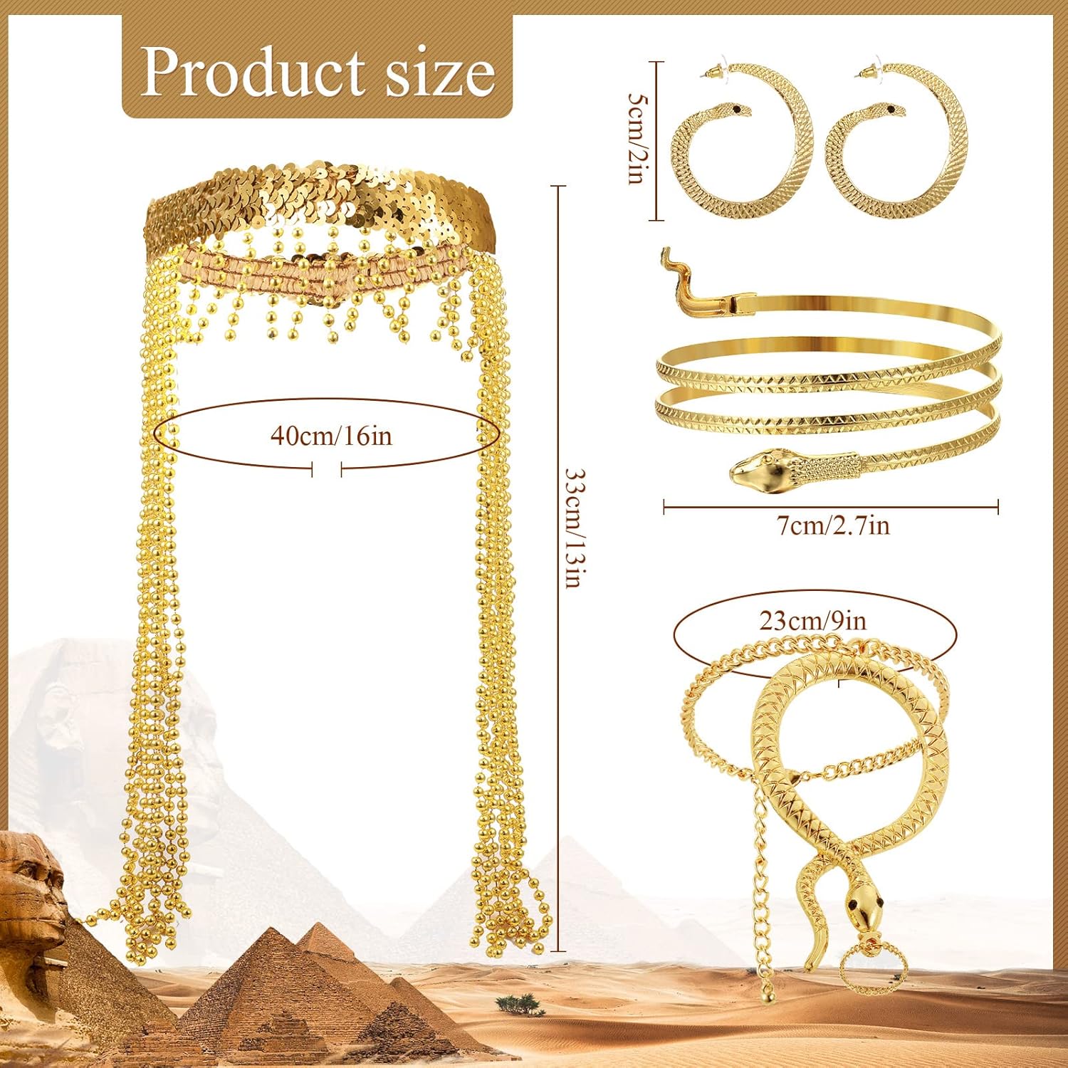 Hillban 6 Pcs Egyptian Headpiece Costume for Women Africa Accessories Set Bob Wigs Tassel Head Chain Snake Arm Cuff Golden Finger Ring Bracelet Collar Necklace Earring Cosplay Party - Image 2
