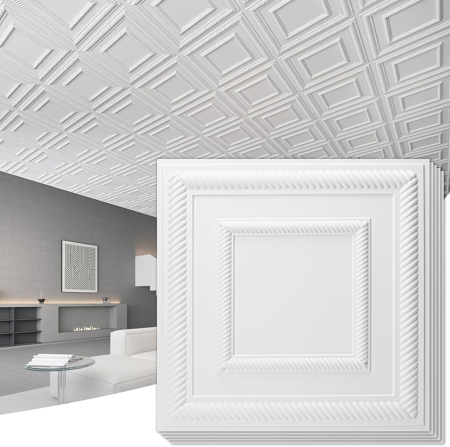 Art3d 12-Pack 24"x24" PVC Lightweight Drop Ceiling Tile, 2x2 ft Water-Resistant Ceiling Panels to Prevent Breakage, White Square White 24 x 24 Inch