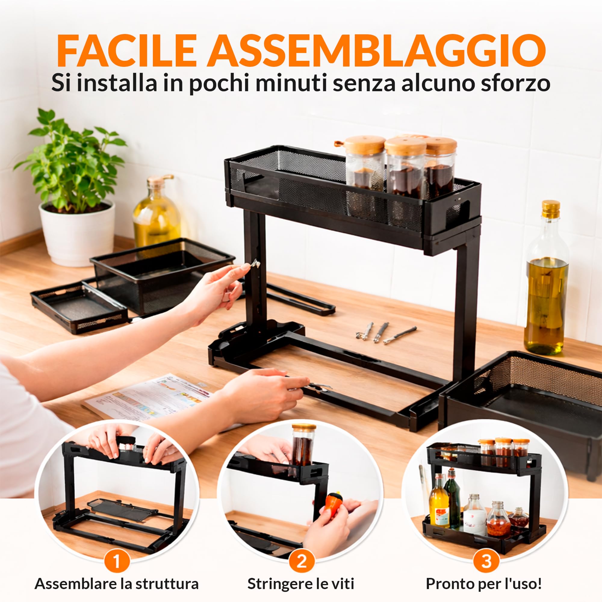 Organizzatore basso lavello per cucina o bagno - Organizer da cucina in metallo nero con doppia altezza e vassoi estraibili - Scaffale per riporre prodotti per la pulizia, dispensa e altro - Pack 2