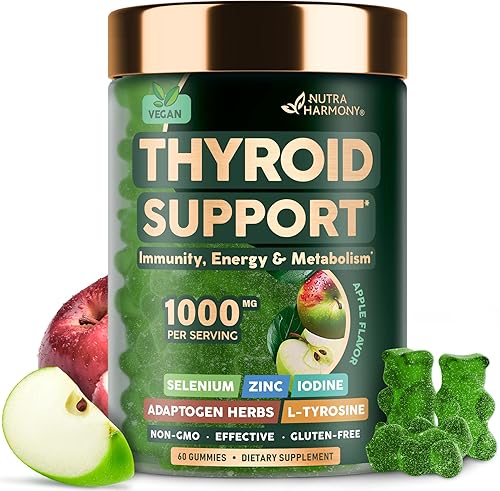 Gomitas de apoyo tiroideo para mujeres, selenio 200 mcg, zinc y yodo, L-tirosina, magnesio, hierbas adaptógenas, antioxidante y apoyo inmunológico,