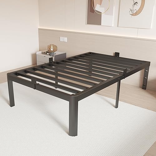 Base de cama individual de 16 pulgadas, marco de cama individual de metal, no necesita somier, soporte de acero resistente de 3500 libras, orificios
