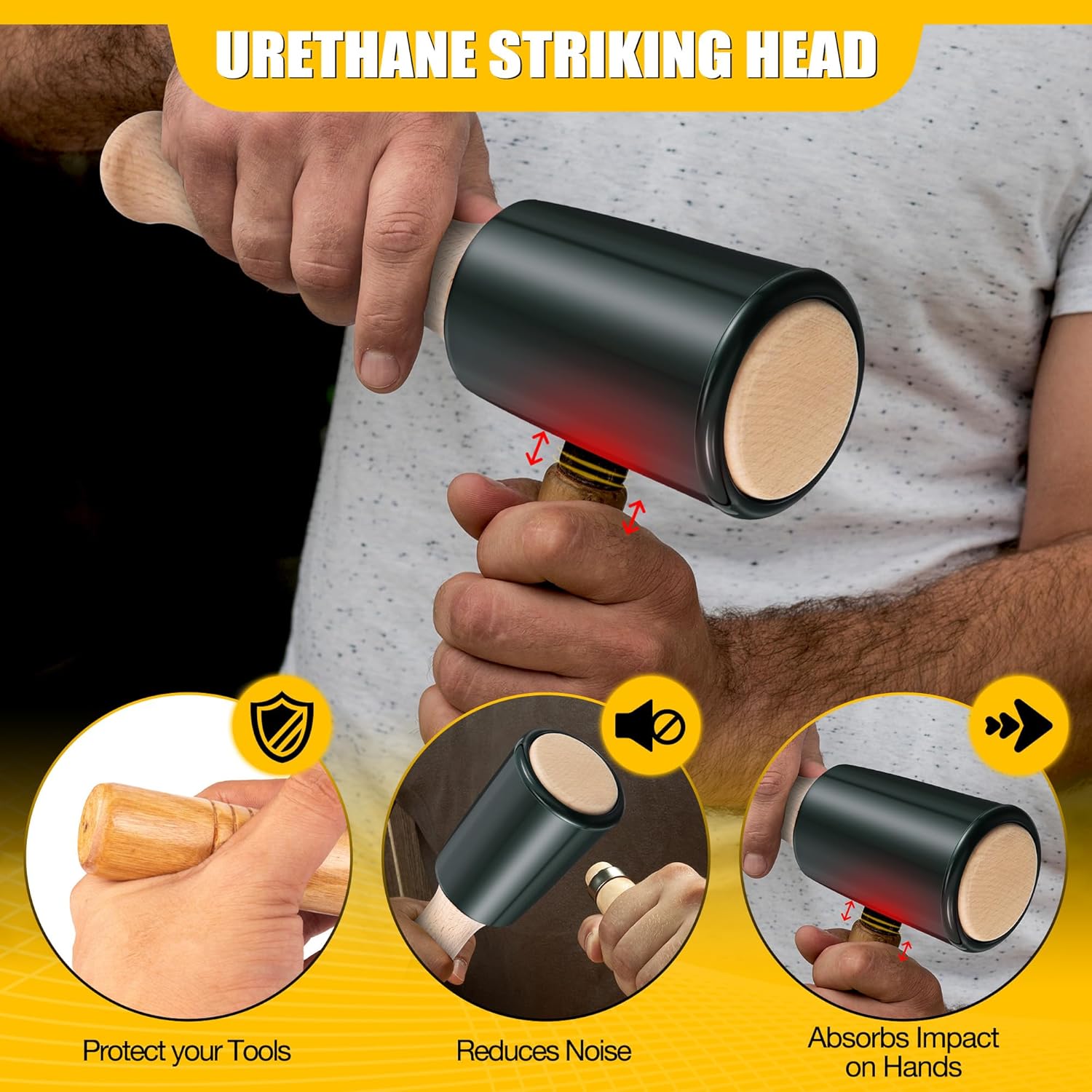 Precision 15oz Wood Carving Mallet for Woodworking, Ergonomic Wooden Handle Reduces Hand Fatigue, Non Marring Urethane Head Protects Wood Carving Chisels, Wooden Mallet