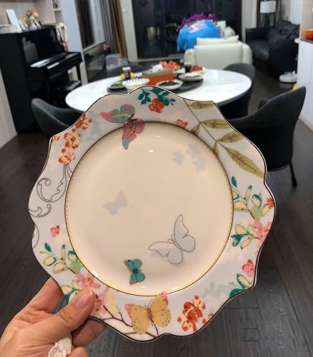 Miniatura 3 de Plato de postre de porcelana de huesoplato de ensalada de cerámica para té de la tarde de desayuno, patrón de mariposa (azul (placa plana de 10.5