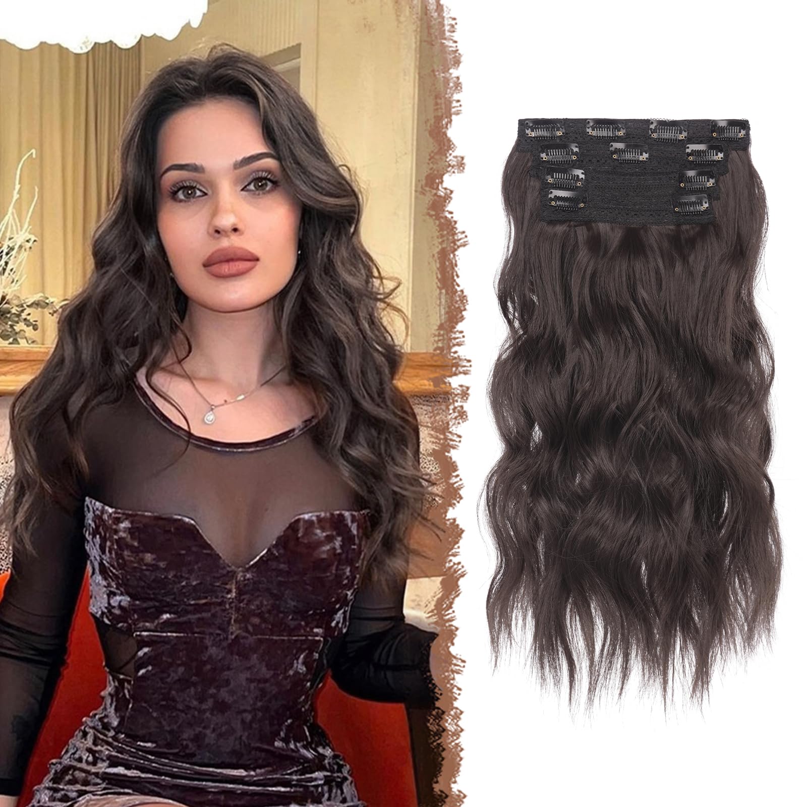 FESHFEN Clip in Hair Extensions 4PCs Long Wavy Thick Hair Piece Highlighted Full Head Synthetic Natural Curly Dark Brown Extension for Women 16 Inch