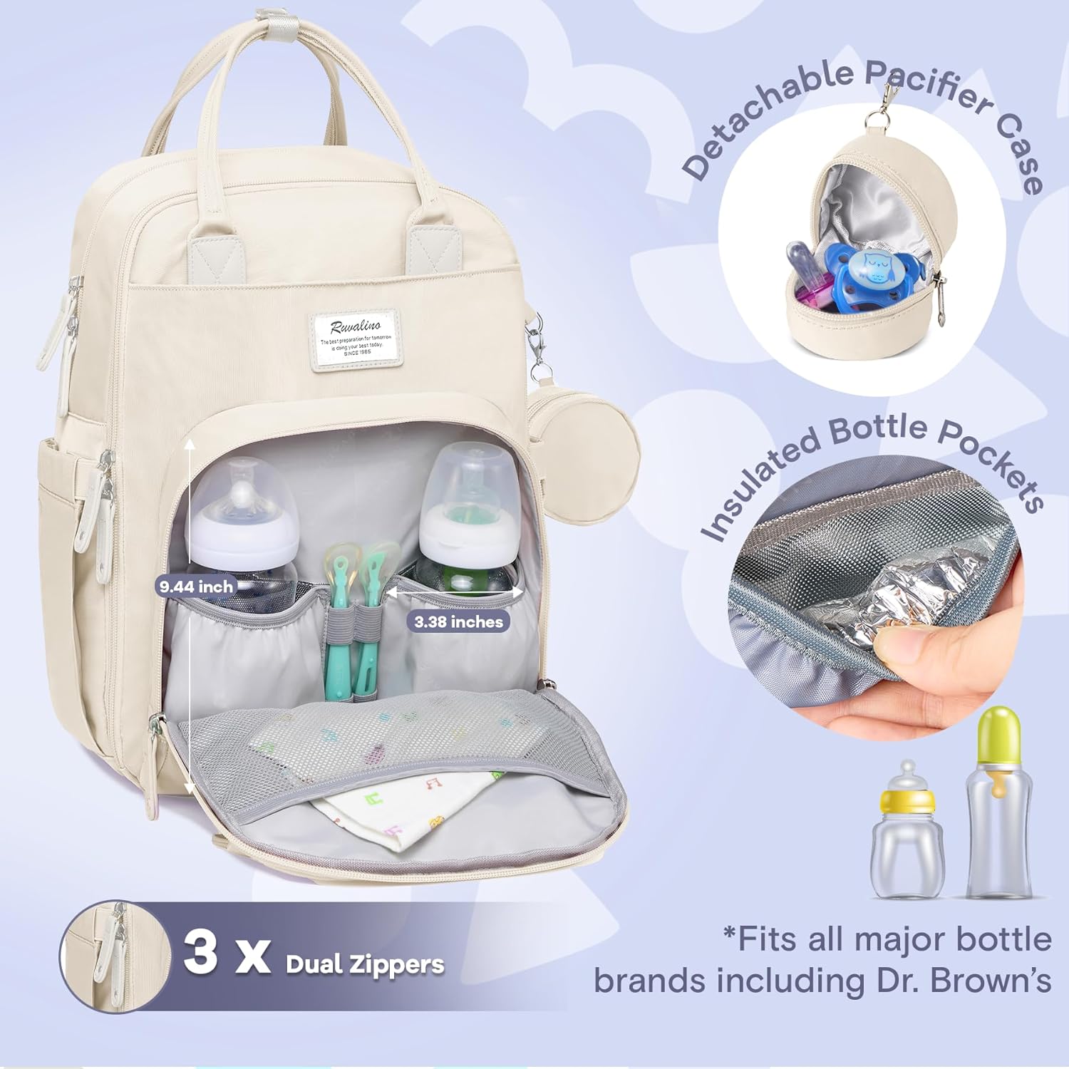 RUVALINO Diaper Bag Backpack-Multifunction Baby Travel Bag with Changing pad, Insulated Bottle Holders & Pacifier Case, Large Capacity, Waterproof, Beige - Image 2