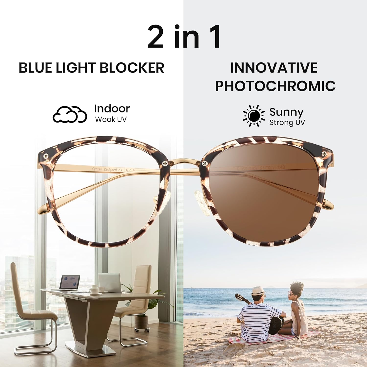 Cyxus Blue Light Glasses Photochromic Lens for Women, Fashionable Computer Glasses on Office Reduce Eye Strain Anti Migraine Great for Working Reading