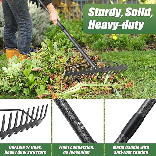 Miniatura 5 de Rastrillo de jardín, rastrillo de arco de 5 pies, rastrillo de nivelación resistente con mango ajustable, rastrillo de paja de metal de cabeza ancha