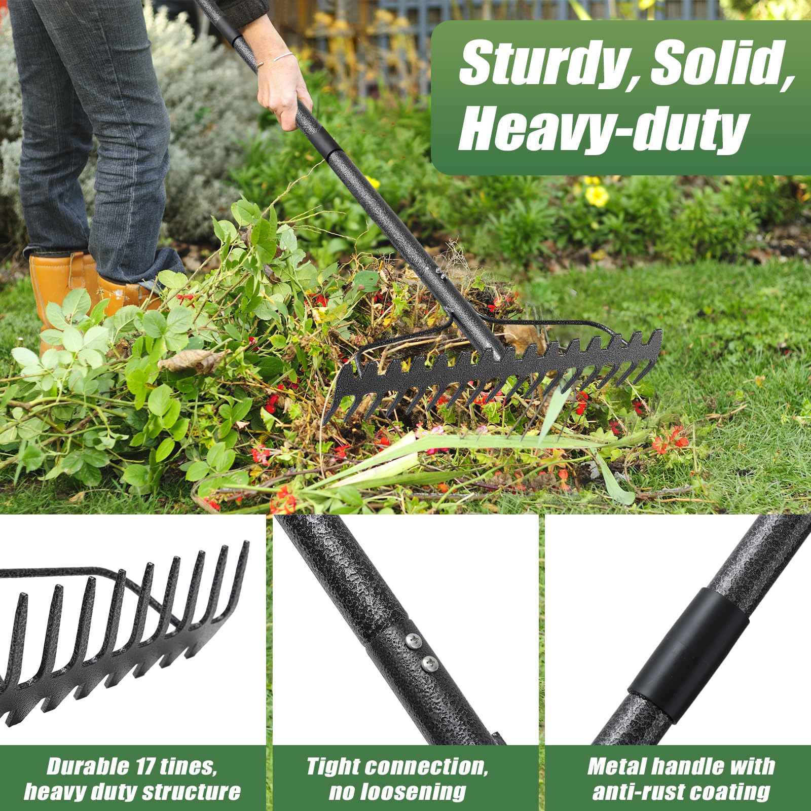 Rastrillo de jardín, rastrillo de 5 pies, rastrillo de nivelación resistente con mango ajustable, 17 dientes de cabeza ancha, rastrillo de paja de metal para jardinería, hojas, césped, patio,