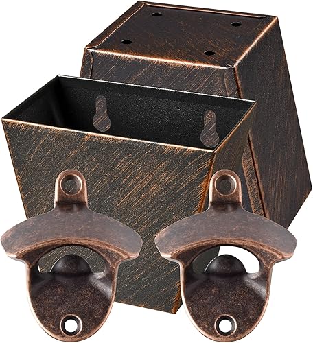 Abrebotellas de cobre envejecido para montaje en pared y recogedor de tapas con abridor de cerveza montado en poste de acero inoxidable drenado y