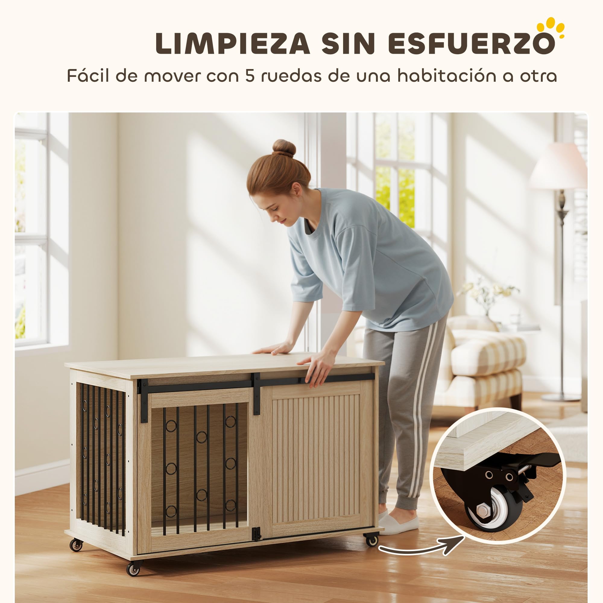PawHut Jaula para Perros con Ruedas, Mesa Auxiliar, Casa para Mascotas Moderna con 2 Puertas y Cierre, para Perros Medianos y Grandes, 100x56x65 cm, Roble