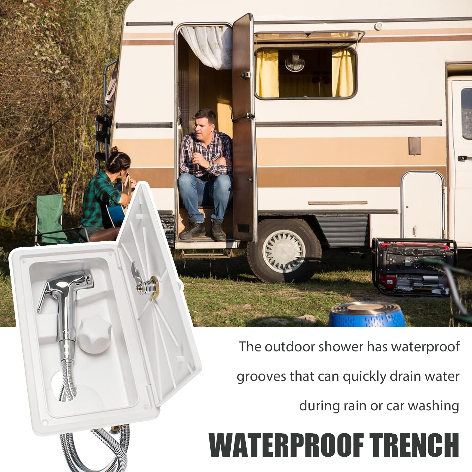 Ducha Extensible para Autocaravana Blanca con Manguera Metálica 1.5 M, Válvula Calor/Frío, Kit para Barco y Camping con Caja