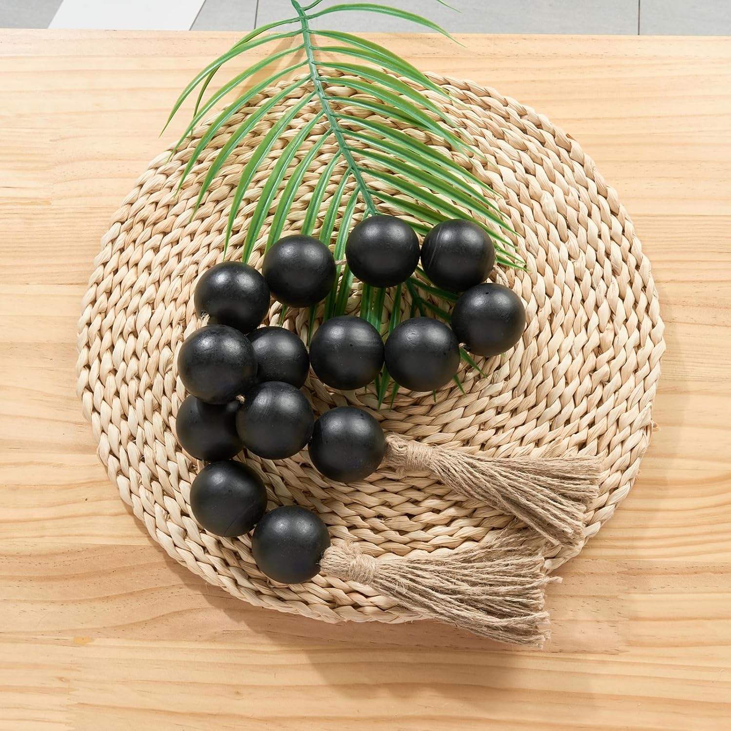 OMISHE Extra Large Wood Bead Garland with 2" Diameter Wooden Beads, 41" Long Rustic Farmhouse Wooden Beads Garland with Tassels, Decorative Beads Boho Decorations for Home Table Mantle Black