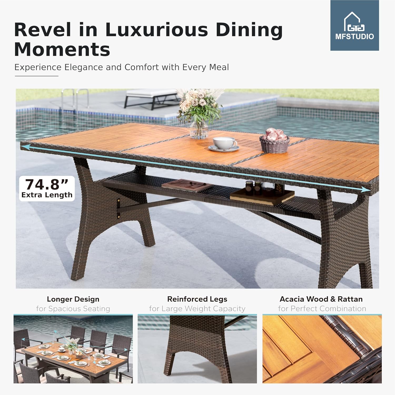 MFSTUDIO Acacia Wood Outdoor Dining Table, 75’’ Rectangular Dining Table for 6-8 with Storage Space, Metal & Wicker Frame and Adjustable Foot Pads, Patio Table for Deck, Backyard