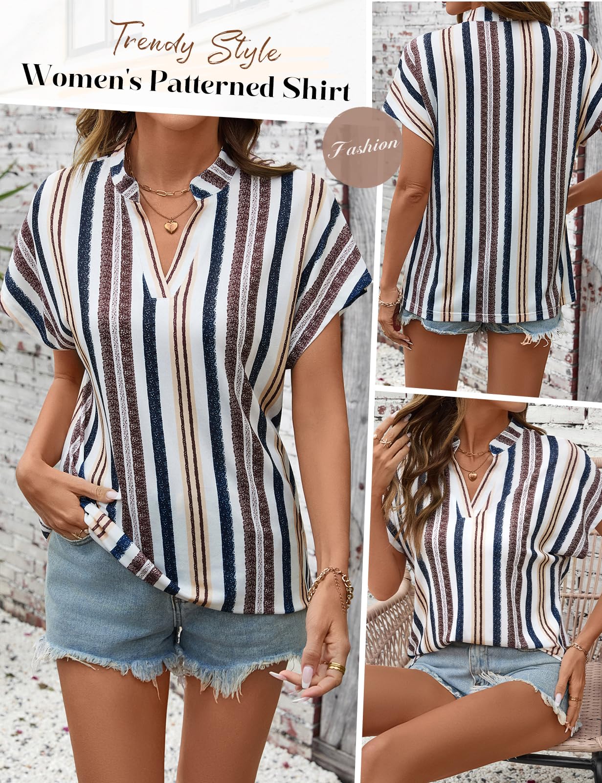 HEEKPEK Chemisier Femme Été Blouse Chic et Élégant Chemise Col V Rayée à Manche Courte Décontracté Ample Haut D'été T-Shirts Tunique Tops