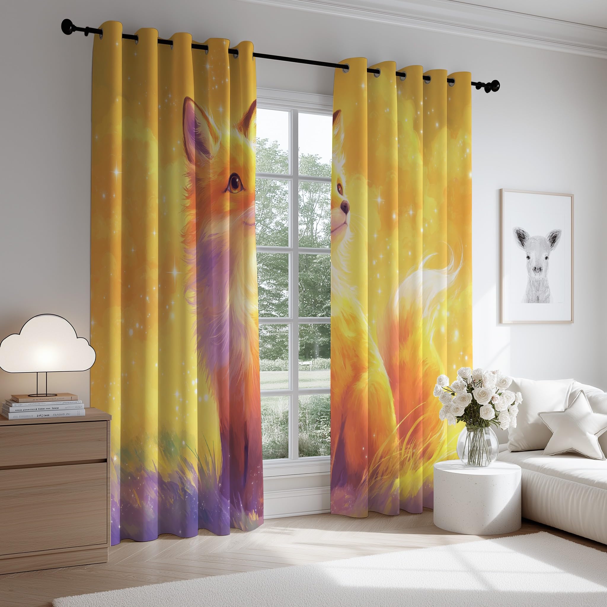132An x 228Al CM Cortinas filtrantes de luz para Habitaciones Infantiles Dibujo Animado Acuarela Calido Zorro Bolsillo para Barra Cortinas para Vivero Jardín de Infancia 2 Panel Amarillo Morado