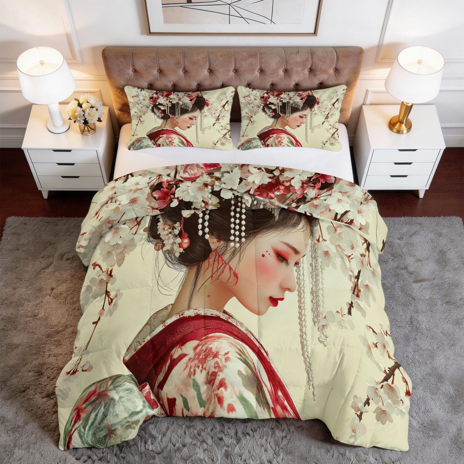 Bettdecke 200 x 200 cm Ganzjahresdecke 4 Jahreszeiten, Japanische Geisha Blumen Bettdecke ohne Bezug 400 GSM Wende Steppdecke Atmungsaktiv Schlafdecke mit 2 Kissenbezug 80x80 cm, Gelb