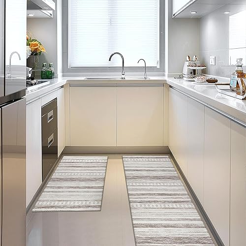 Miniatura 2 de Juego de 2 alfombras de cocina estilo marroquí, bohemio, retro, 47 x 17 pulgadas, de lino, lavables, tapete antideslizante para decoración de