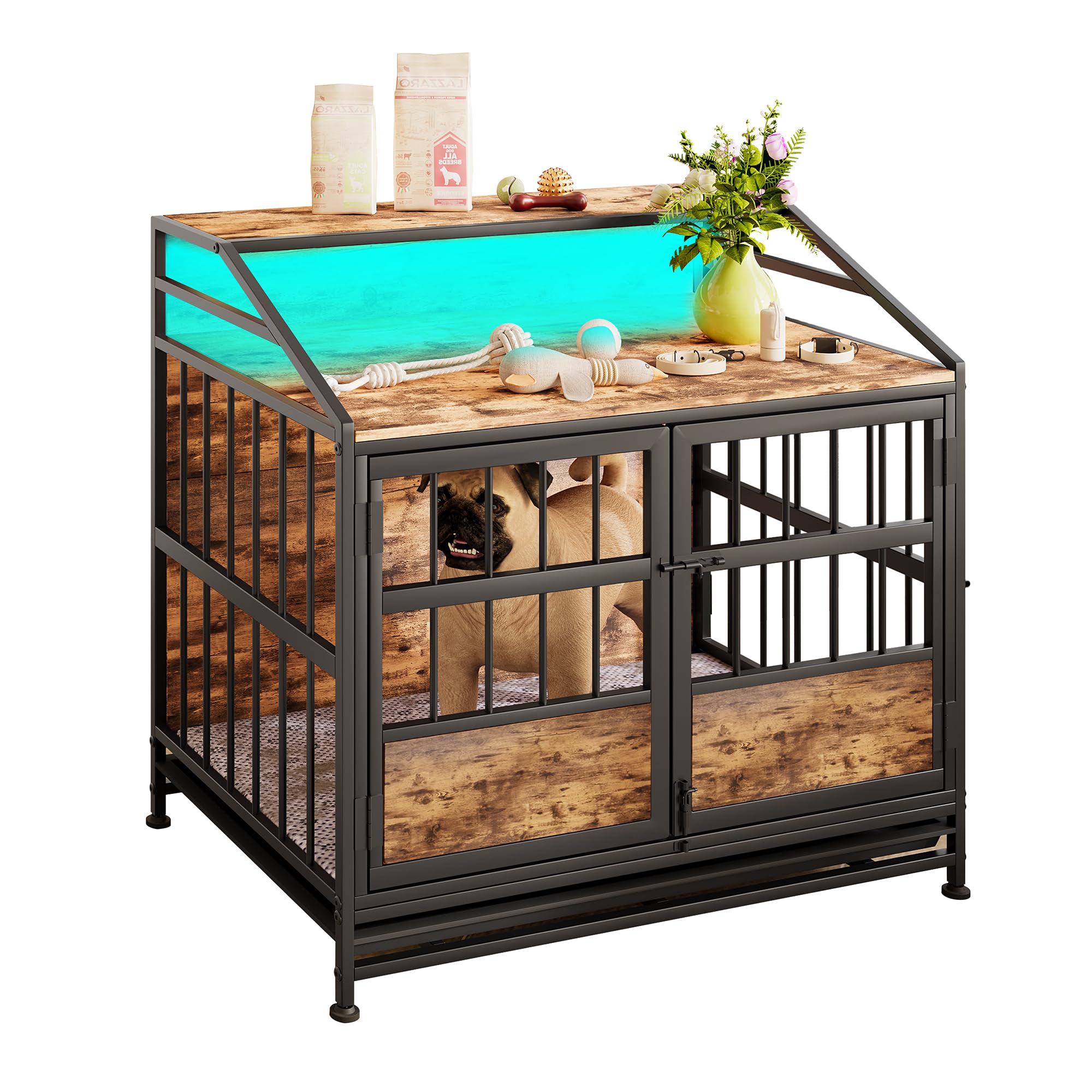 Cage chien, meuble rangement étagère, table bois, niche moyenne, plateau amovible