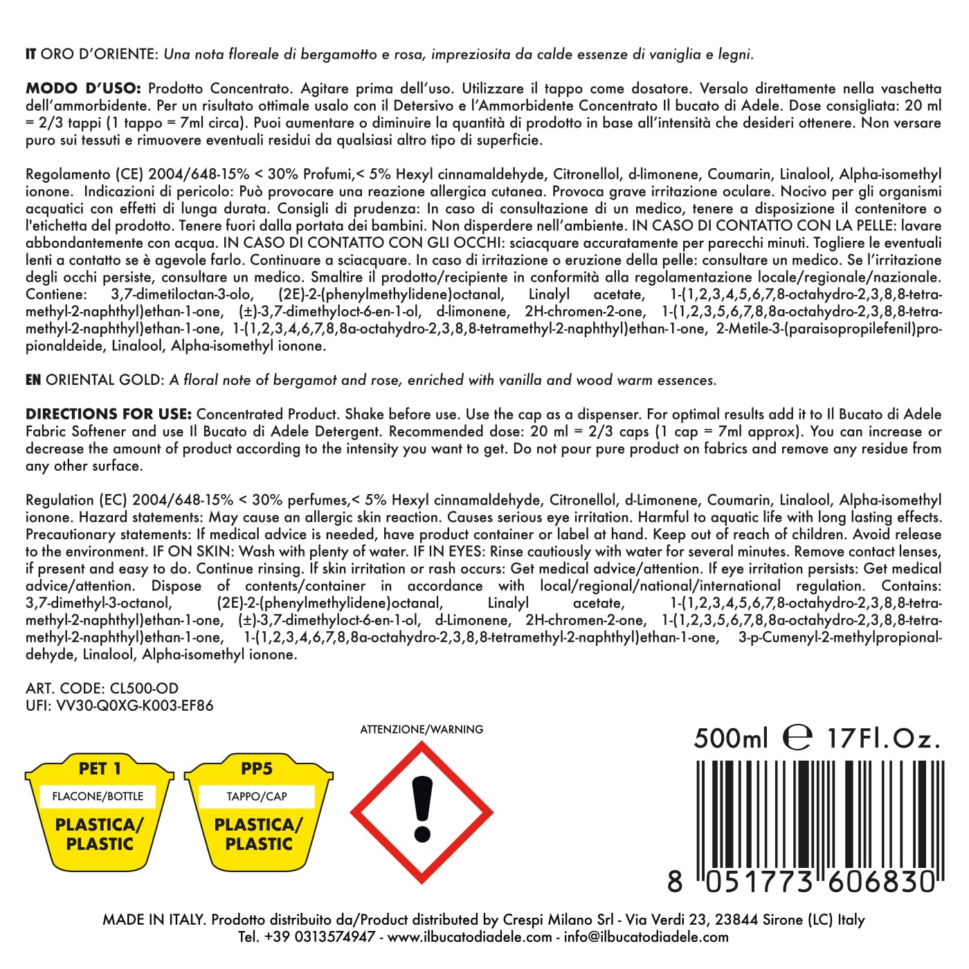 IL BUCATO DI ADELE il bucato Che profuma di CASA | Parfum pour Lave-Linge, Fragrance Oro d'Oriente, Format 500 ML