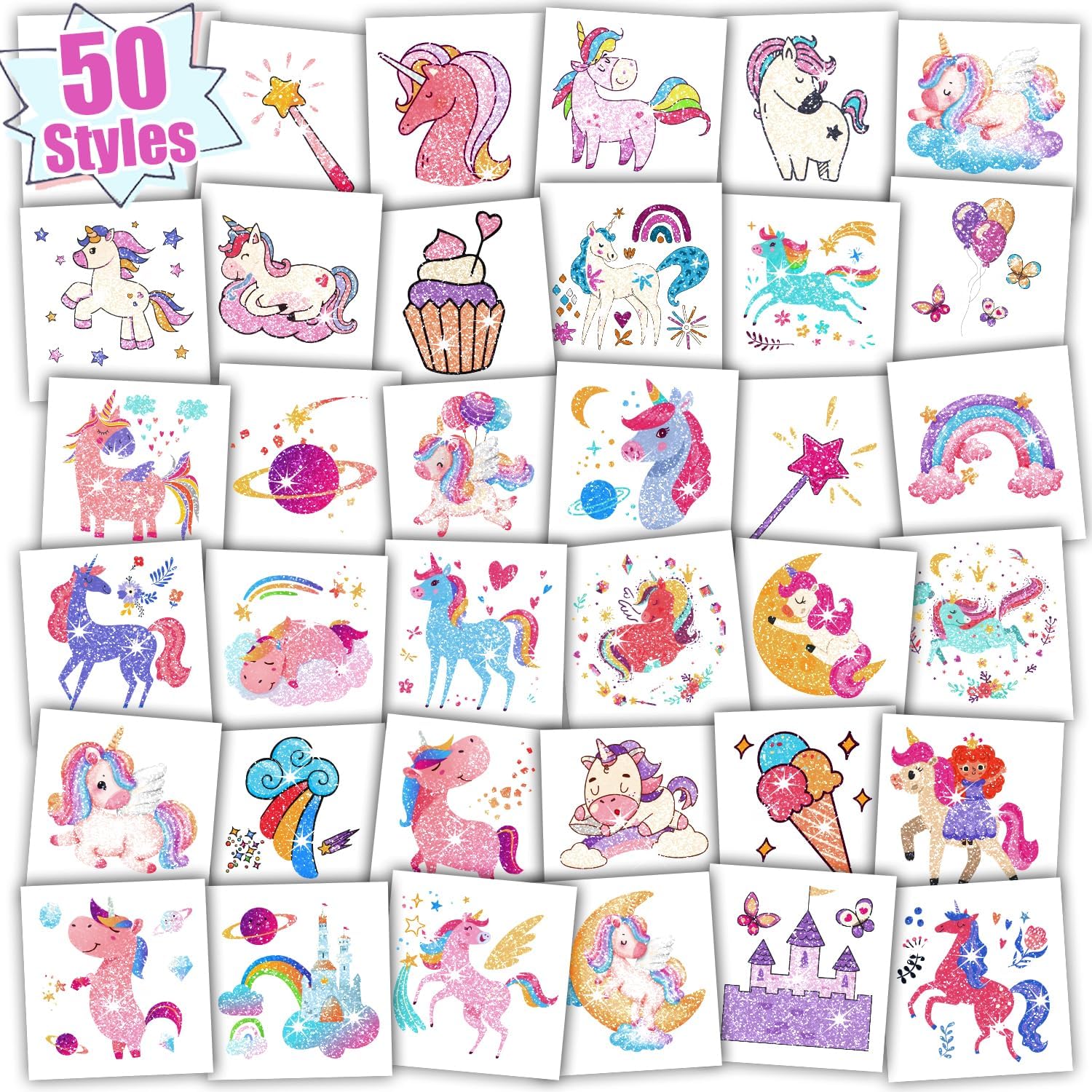 Partywind Glitter Temporary Tattoos for Kids Girls, Birthday Party Supplies Favors Decorations, Kids Goodie Bag Stuffers, Fake Tattoo Stickers for Back to School Party Games Prizes (50 Sheets)