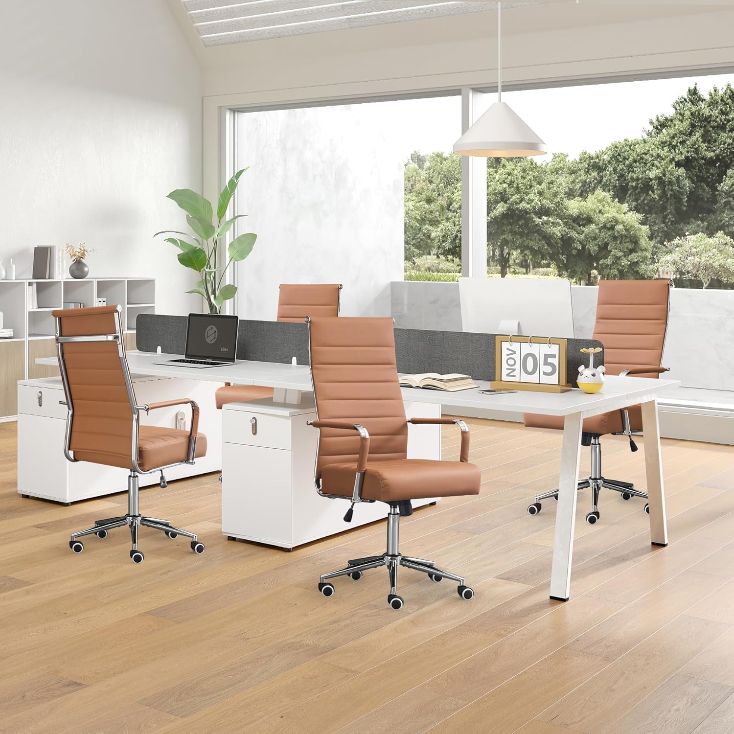 Office Desk Chair,Conference Room Chairs with Wheels and Arms, Modern PU Leather Ergonomic High Back Executive Ribbed Height Adjustable Swivel Chair for Home Office (Brown)