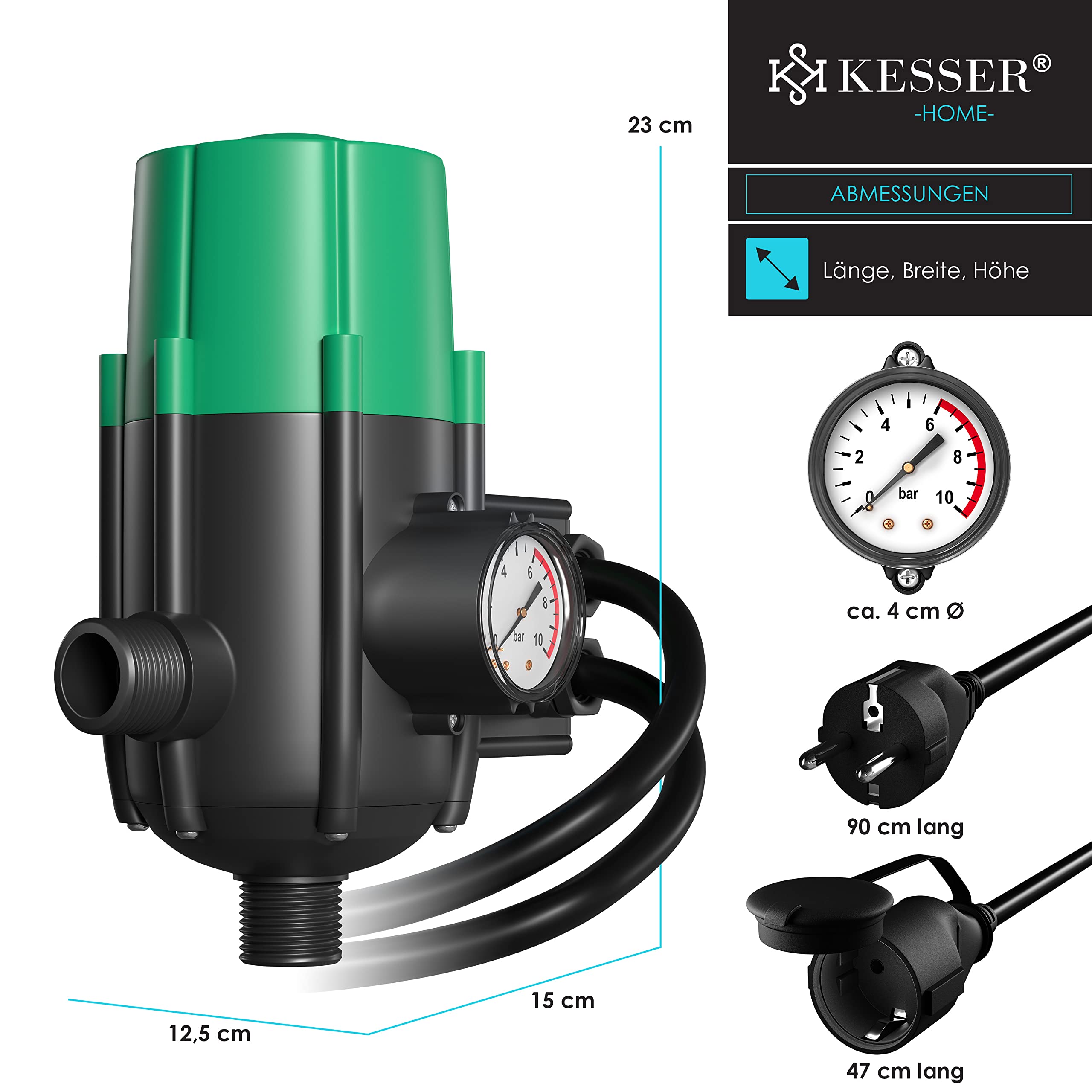 KESSER® Pumpensteuerung mit Baranzeige | mit Kabel | 10 bar Druckwächter Elektronische Pumpensteuerung | Druckschalter | überwacht den Wasserdruck - automatisches Ein- und Ausschalten Garten & Haus