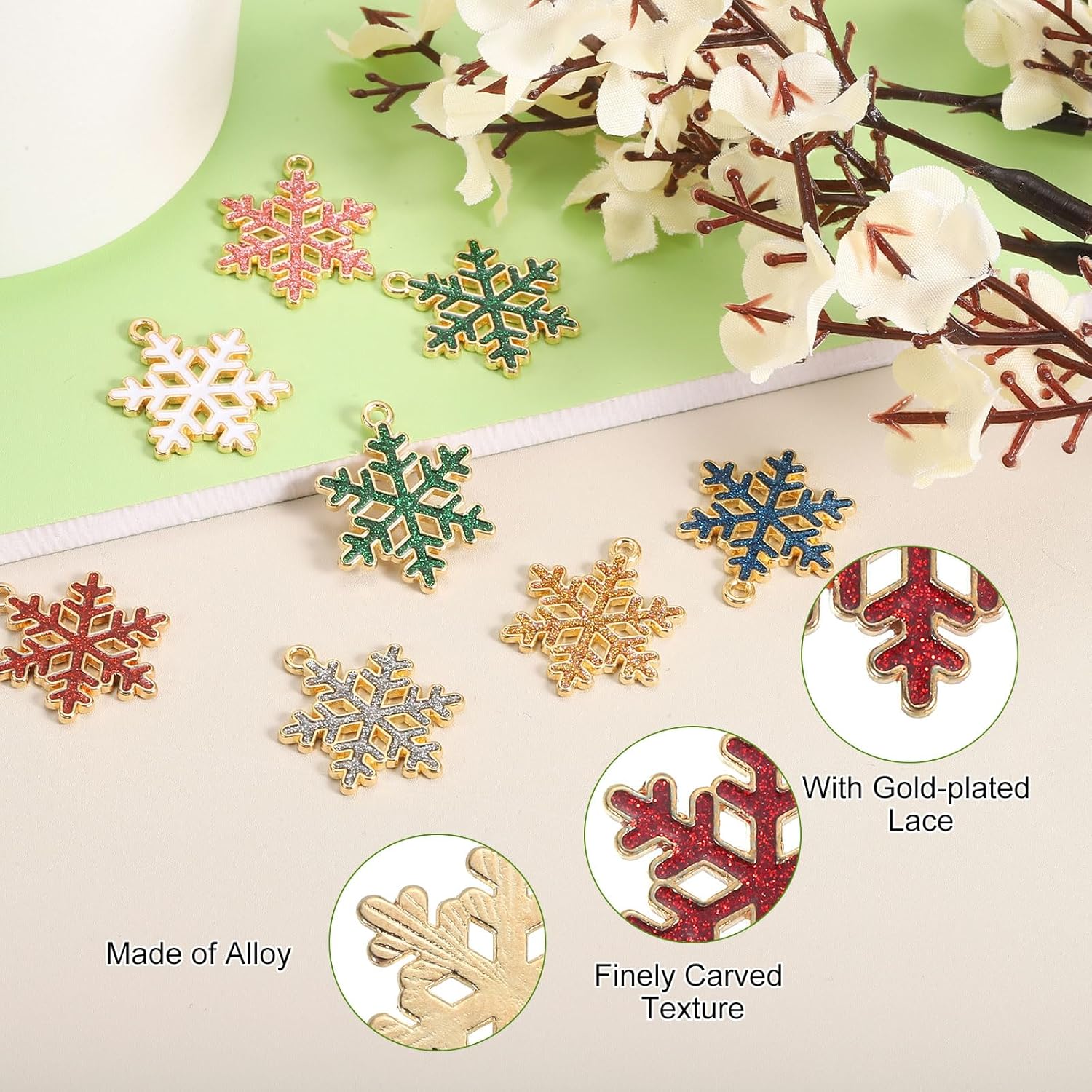 uxcell Snowflake Charm, Alloy Gold Plated Snowflake Pendant for Jewelry Making DIY Bracelet Necklace Earring Phone Accessories Keychain Crafting - Image 3