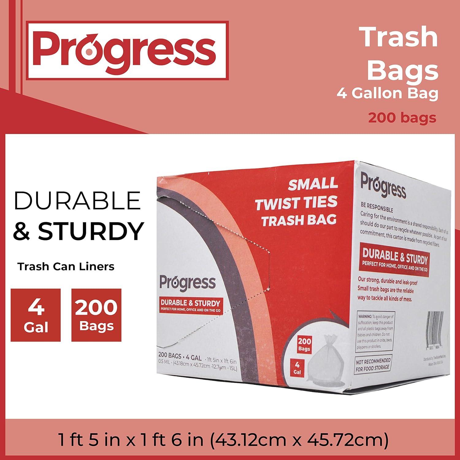 Progress Trash Bags – 4 Gallon, Twist Tie, Portable Trash Can Liners for Kitchen, Bedroom, Bathroom, Office, Car | Waste Disposal Supplies (200 Count)