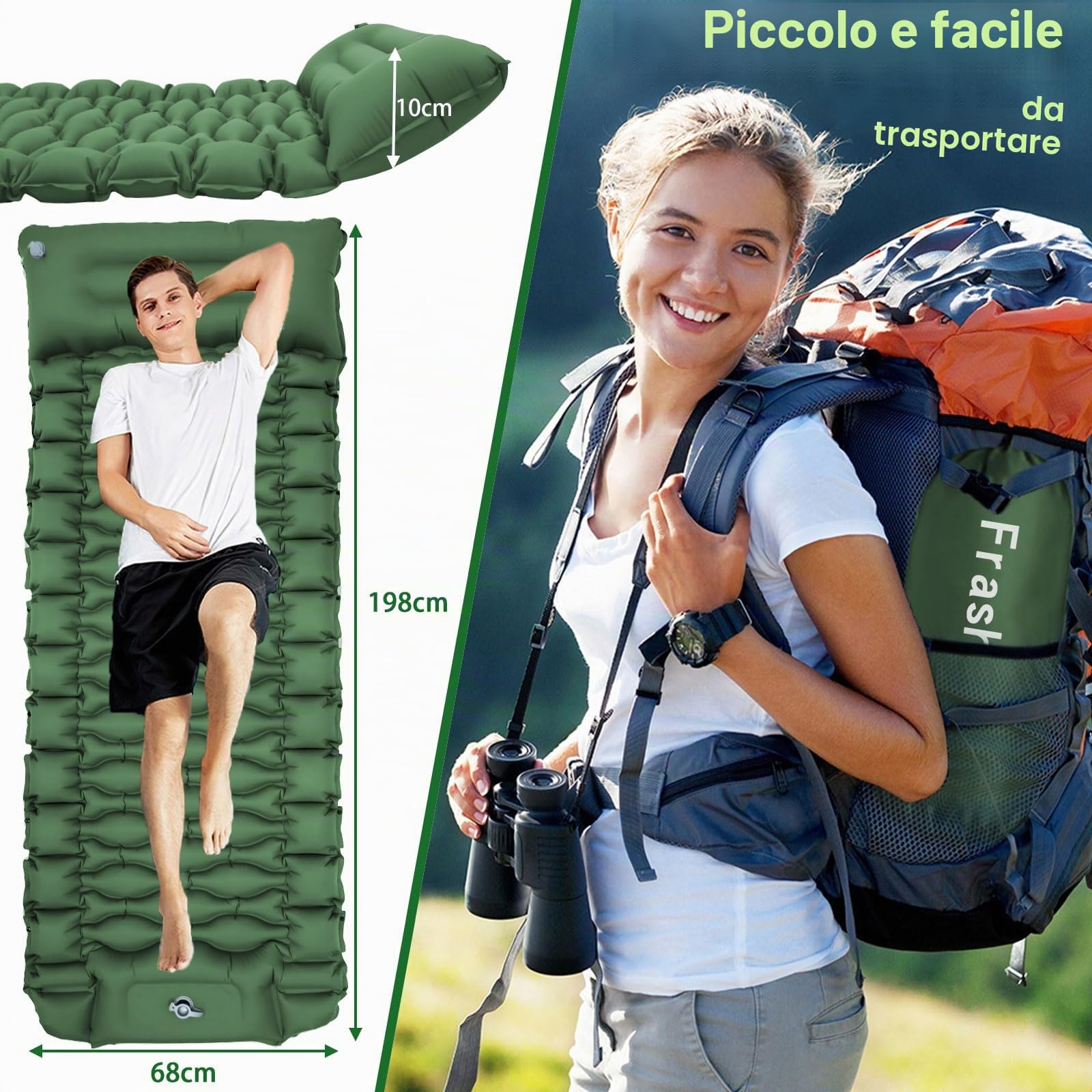Frasheng Materassino Campeggio Autogonfiabile, Ultraleggero Autogonfiante Materasso Singolo con Pompa a Pedale, Pieghevole Materasso Campeggio per Trekking Escursionismo Campeggio Tenda, Verde