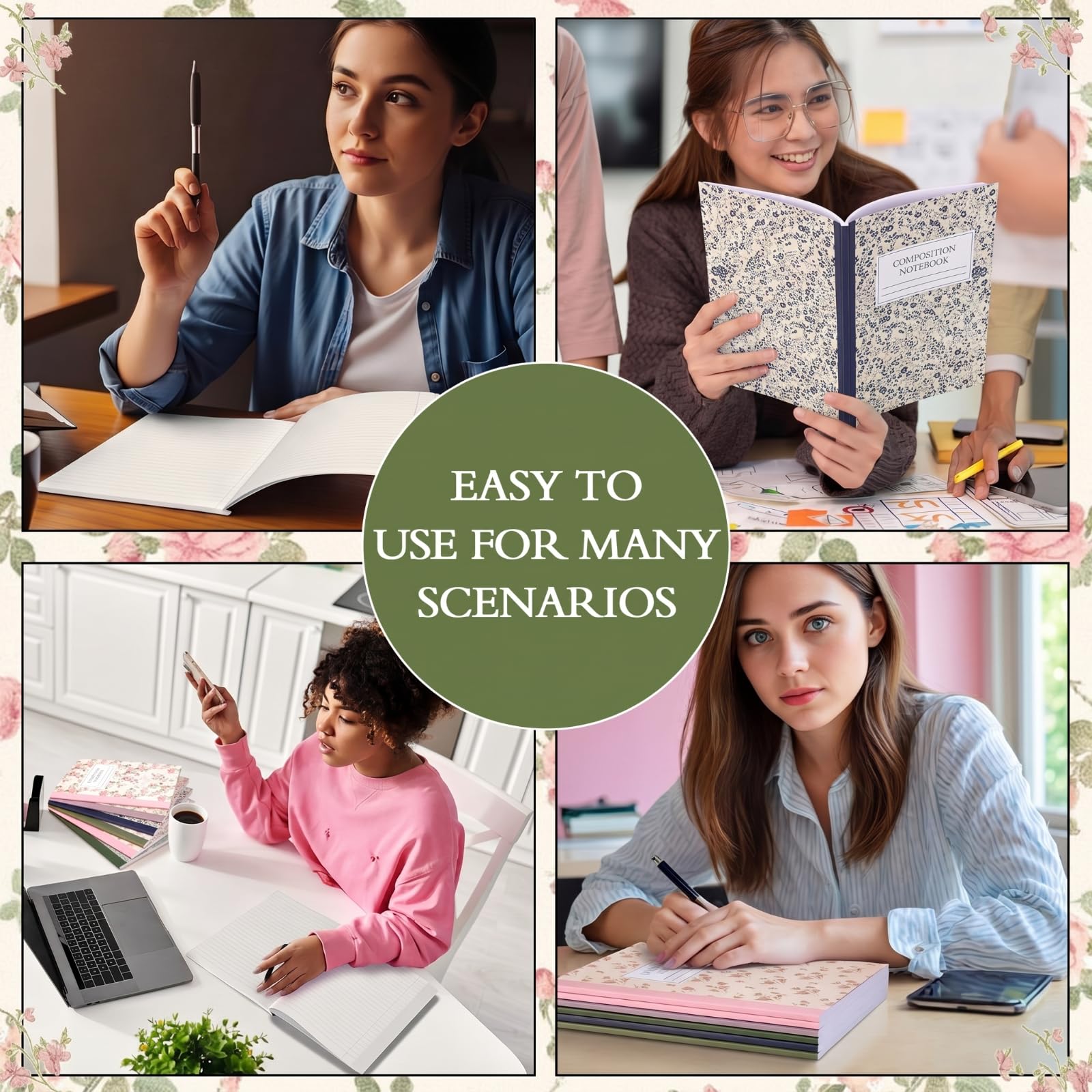 MotiMind 6 quaderni per composizione universitaria a righe di carta con fiori per il rientro a scuola, 110 pagine, 19 x 24 cm, diario regalo per il primo giorno di scuola, studenti e insegnanti