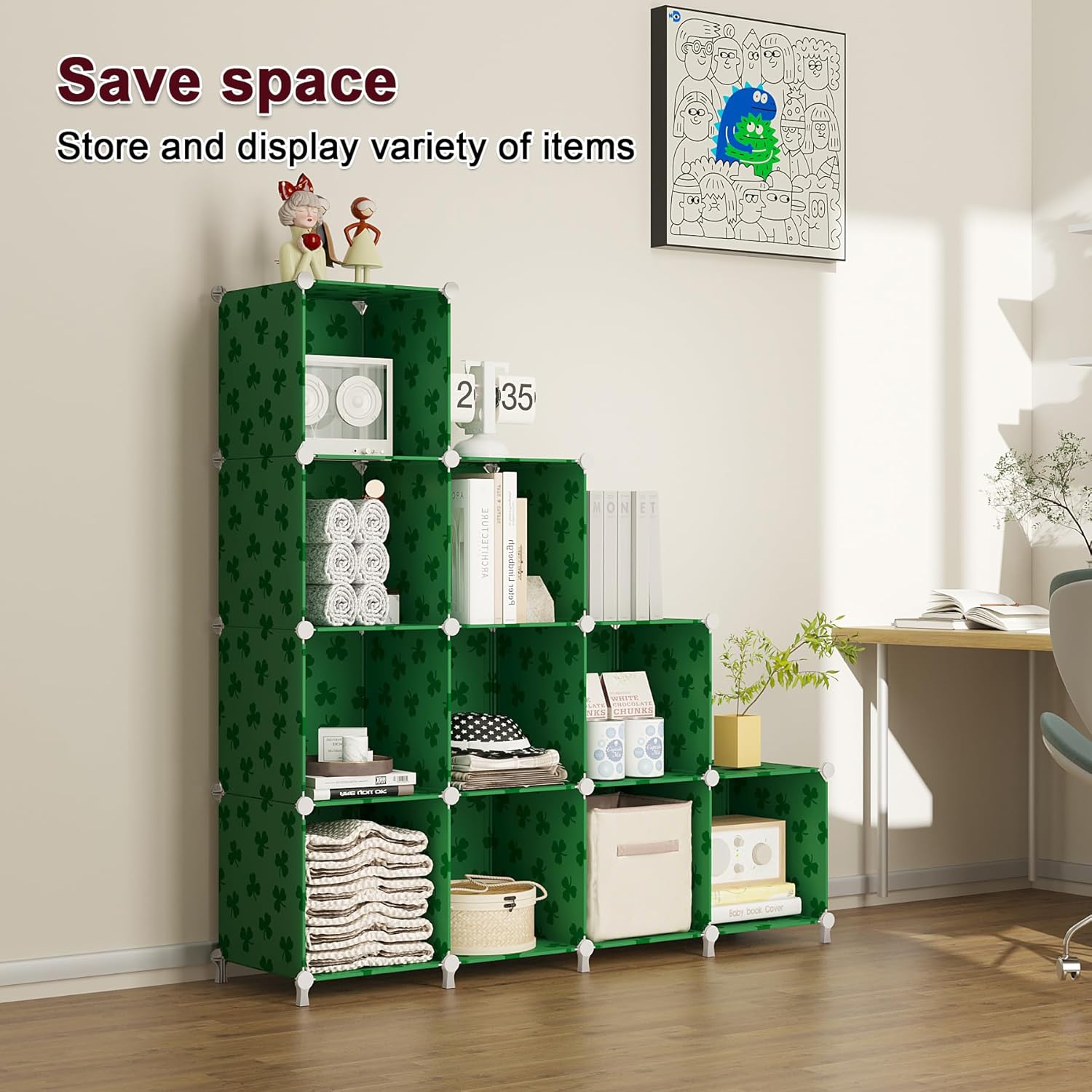 UNKU Cube Storage Organizer, 10 Cube Closet Organizer Storage Shelves, DIY Stackable Bookcase, Clothes Organizer Shelf for Closet, Bedroom, Living Room, Cabinet, Home, Office, Green - Image 4