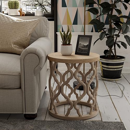 Farmhouse End Table, Distressed Wood Top Side Table with Curved Motif Frame Base for Boho, Rustic, Round, Natural
