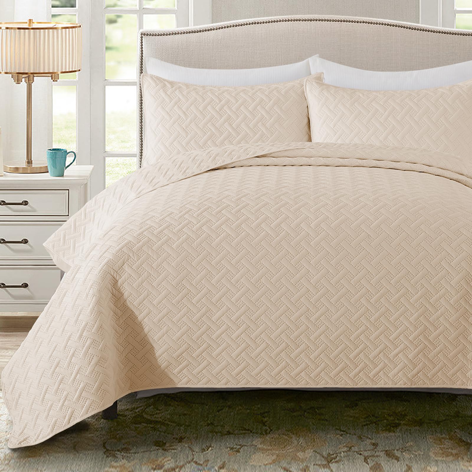 Exclusivo MezclaQuilt Set King Size, Soft Beige Bone Quilts Coverlets for All Seasons, Lightweight Modern Bedspreads Bedding Set with Pillow Shams, Weave Pattern